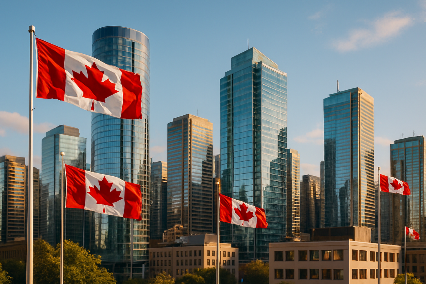 "Professional, high-quality image of a Canadian city skyline with clear skies, Canadian flags waving, modern buildings, and a warm welcoming atmosphere, no text, realistic photography style"
