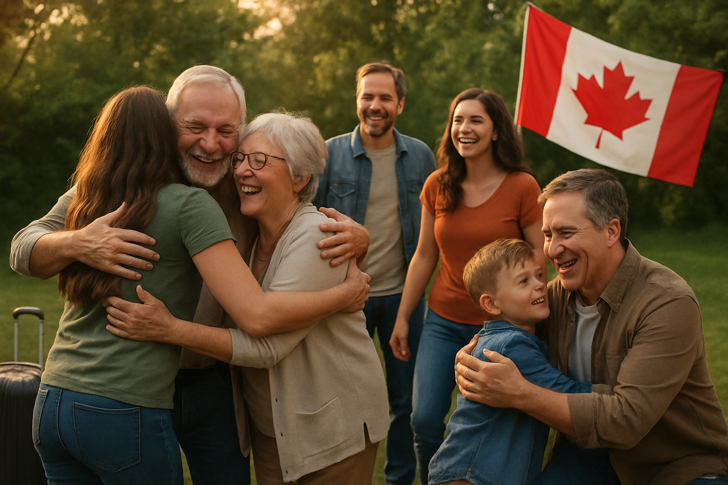 A warm and welcoming scene of a Canadian family reunion outdoors, with the Canadian flag in the background, happy relatives greeting each other, suitcases nearby, modern realistic style, natural daylight, high-resolution, no text